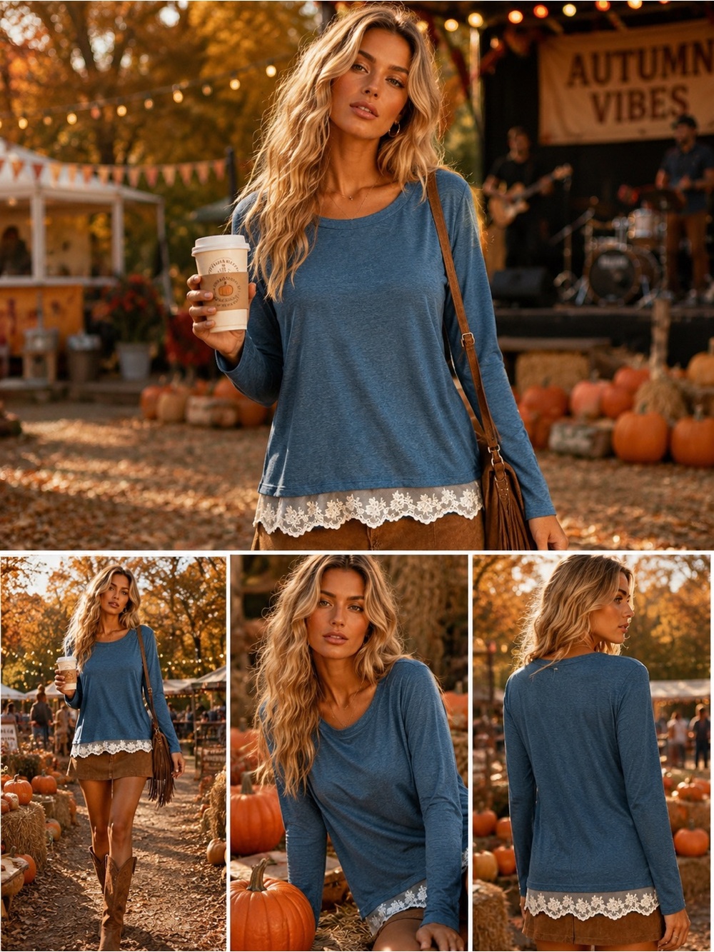 Blue Long-Sleeve Scoop Neck Top with Lace Trim
